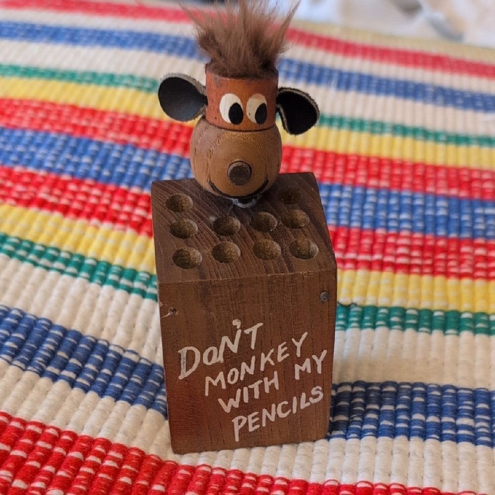 vintage Wooden Pencil Holder with Monkey Design